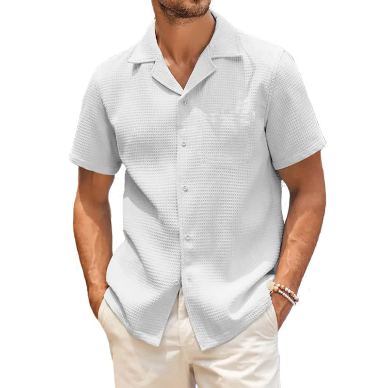 White Waffle Knit Cuban Collar Shirt