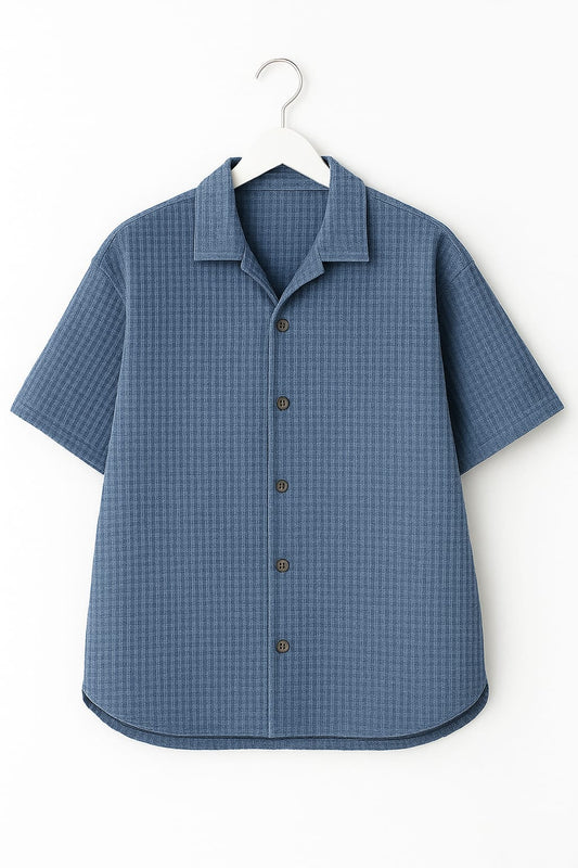 Steel Blue Waffle Knit Cuban Collar Shirt