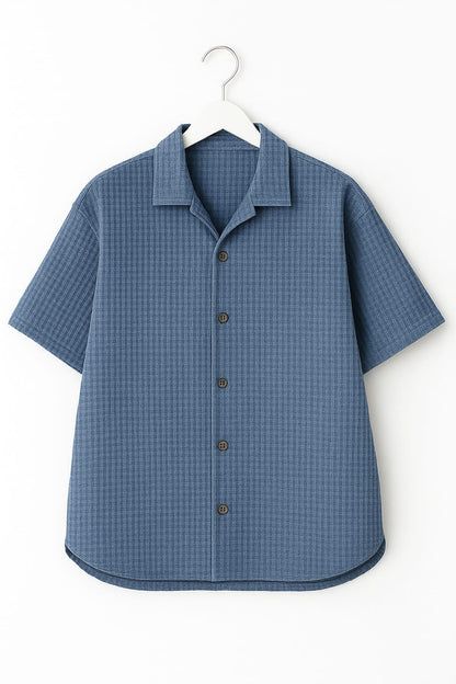 Pack of 2 Waffle Knit Cuban Collar Shirts – Black & Steel Blue