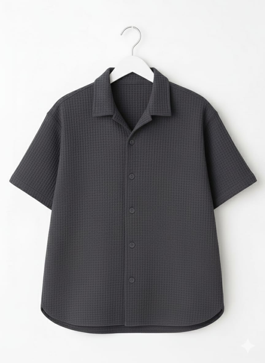 Charcoal Waffle Knit Cuban Collar Shirt