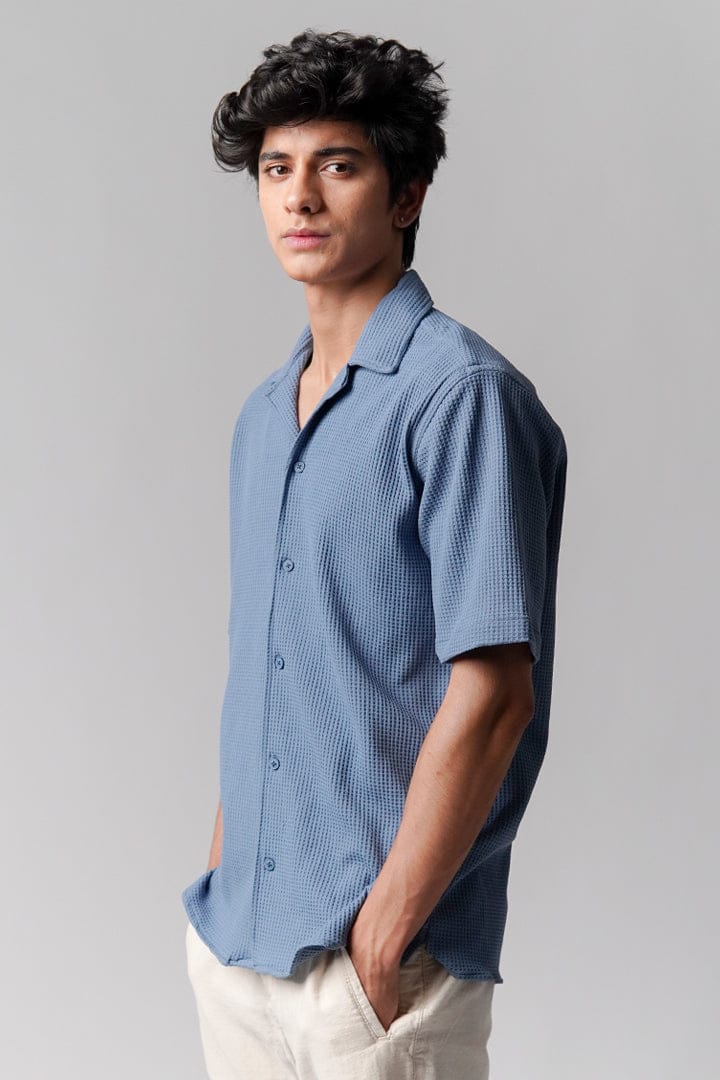Steel Blue Waffle Knit Cuban Collar Shirt