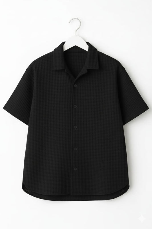 Black Waffle Knit Cuban Collar Shirt