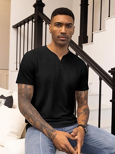 Pack of 2 Waffle Henley T-Shirts – Navy Blue & Black