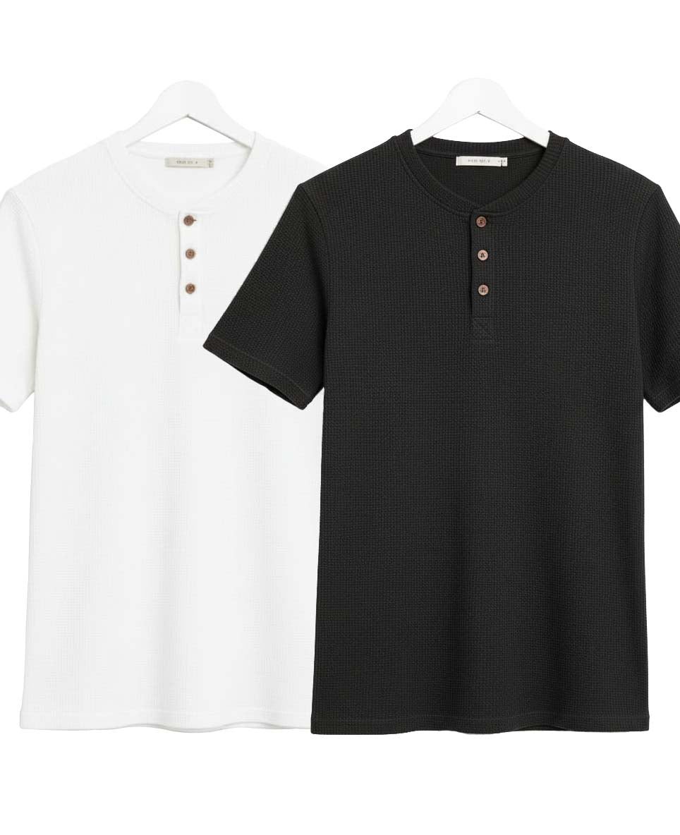 Pack of 2 Waffle Henley T-Shirts – Black & White