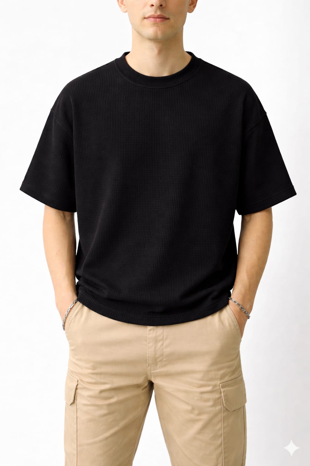 Oversized Waffle Knit Half Sleeve Tee – Black & Grey