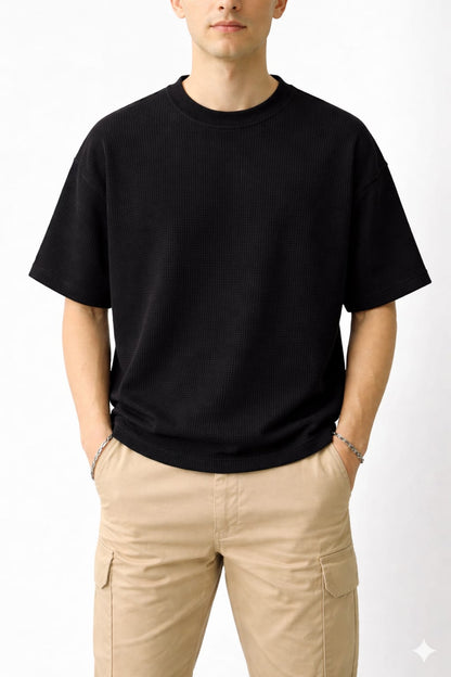 Oversized Waffle Knit Half Sleeve Tee – Black & Green