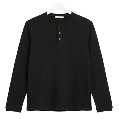 Oversized Waffle Knit Henley Long Sleeve T-Shirt | Black