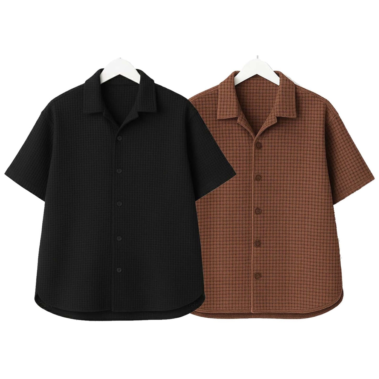 Pack of 2 Waffle Knit Cuban Collar Shirts – Black & Brown
