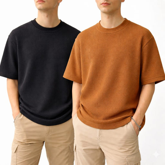 Oversized Waffle Knit Half Sleeve Tee – Black & Camel