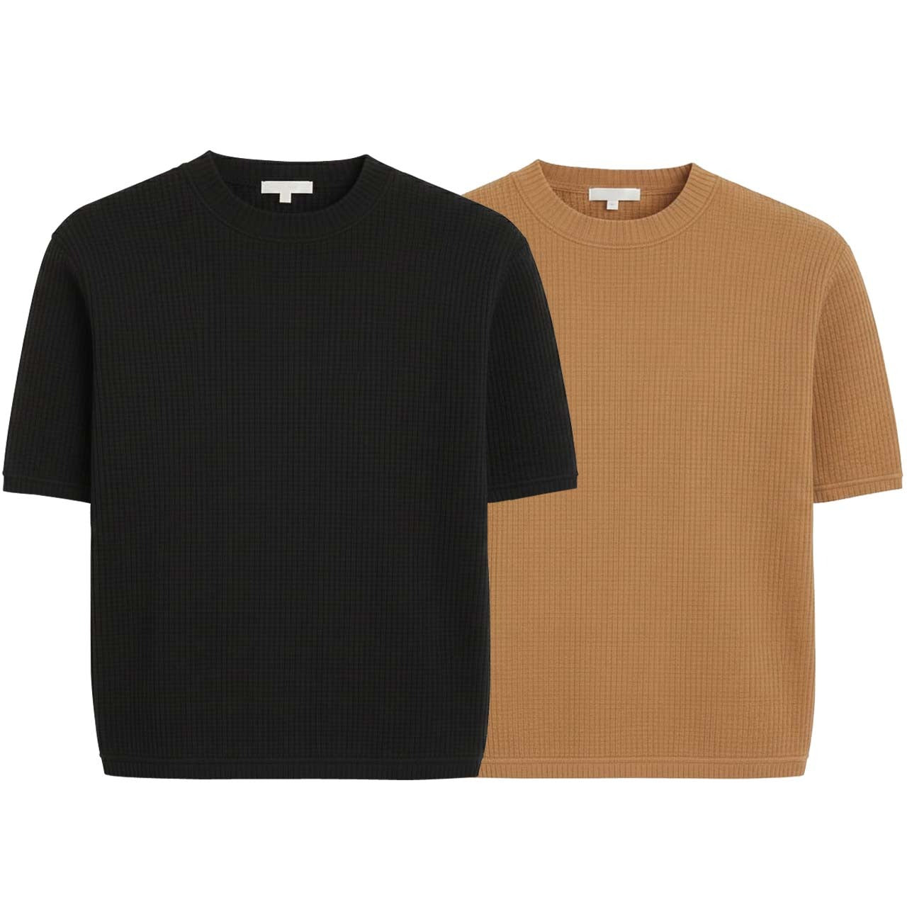 Oversized Waffle Knit Half Sleeve Tee – Black & Camel