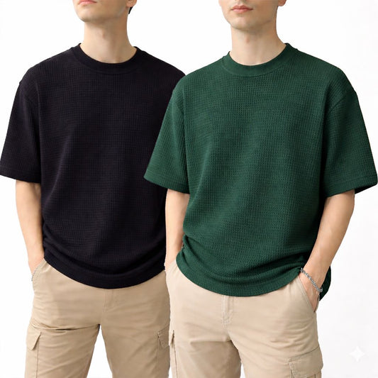 Oversized Waffle Knit Half Sleeve Tee – Black & Green