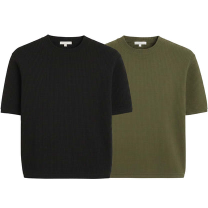 Oversized Waffle Knit Half Sleeve Tee – Black & Green