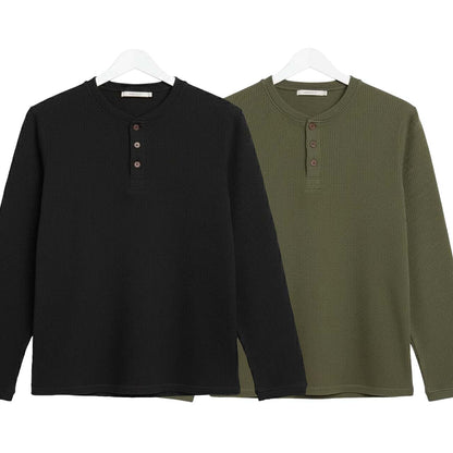 Pack of 2 Oversized Waffle Knit Henley Long Sleeve T-Shirts | Black & Green
