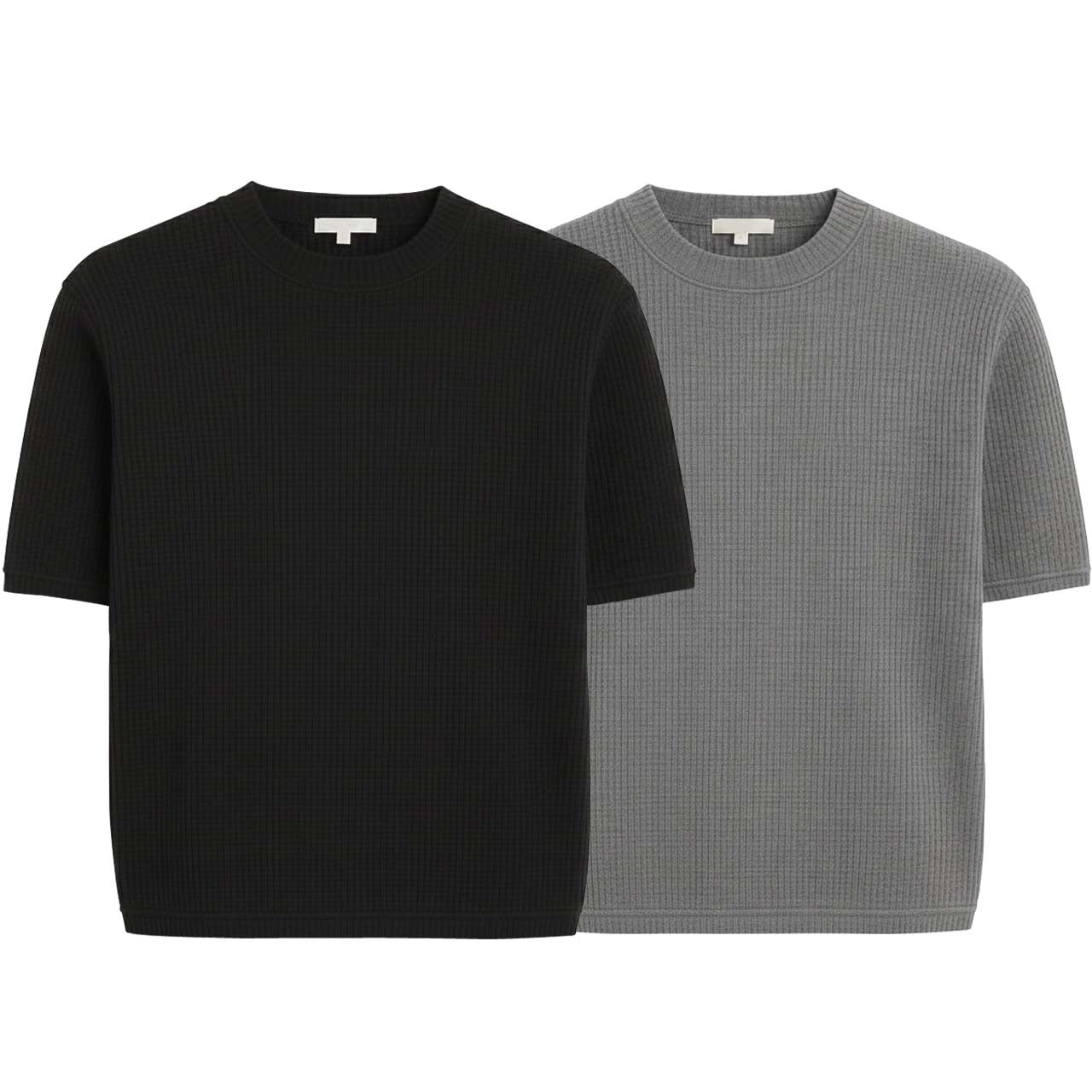 Oversized Waffle Knit Half Sleeve Tee – Black & Grey