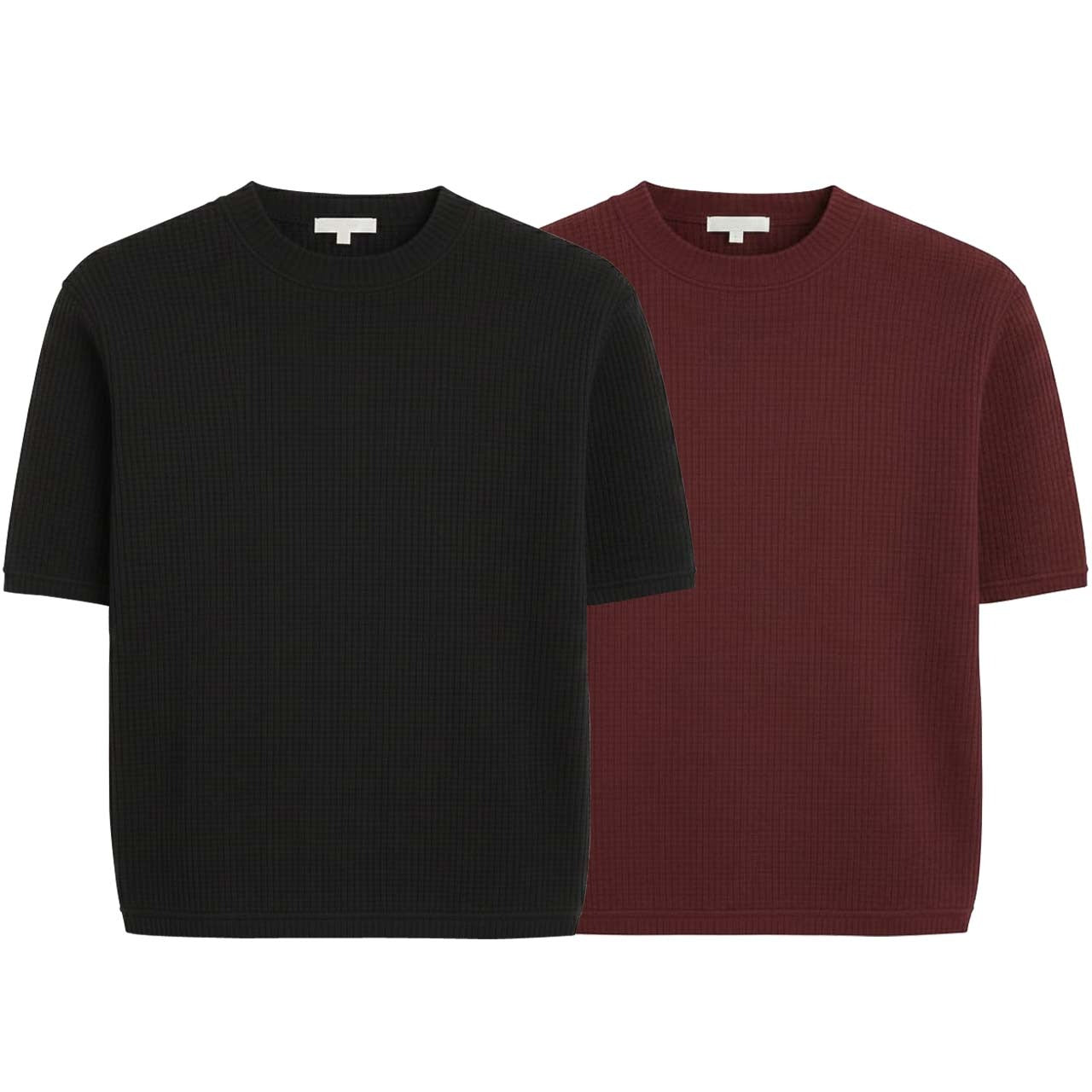 Oversized Waffle Knit Half Sleeve Tee – Black & Maroon