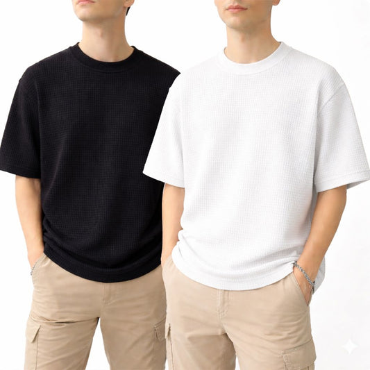 Oversized Waffle Knit Half Sleeve Tee – Black & White