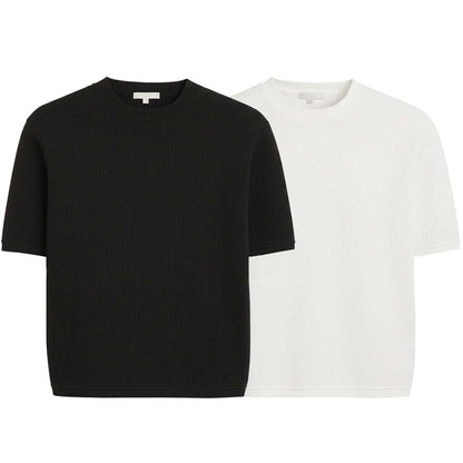 Oversized Waffle Knit Half Sleeve Tee – Black & White