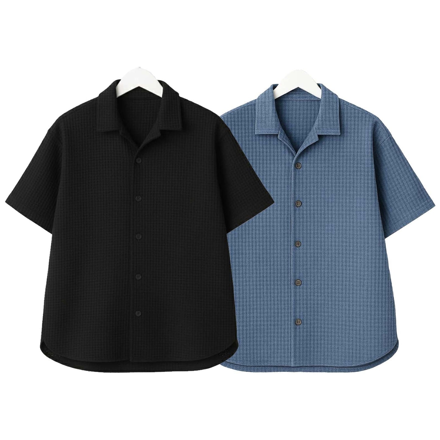 Pack of 2 Waffle Knit Cuban Collar Shirts – Black & Steel Blue