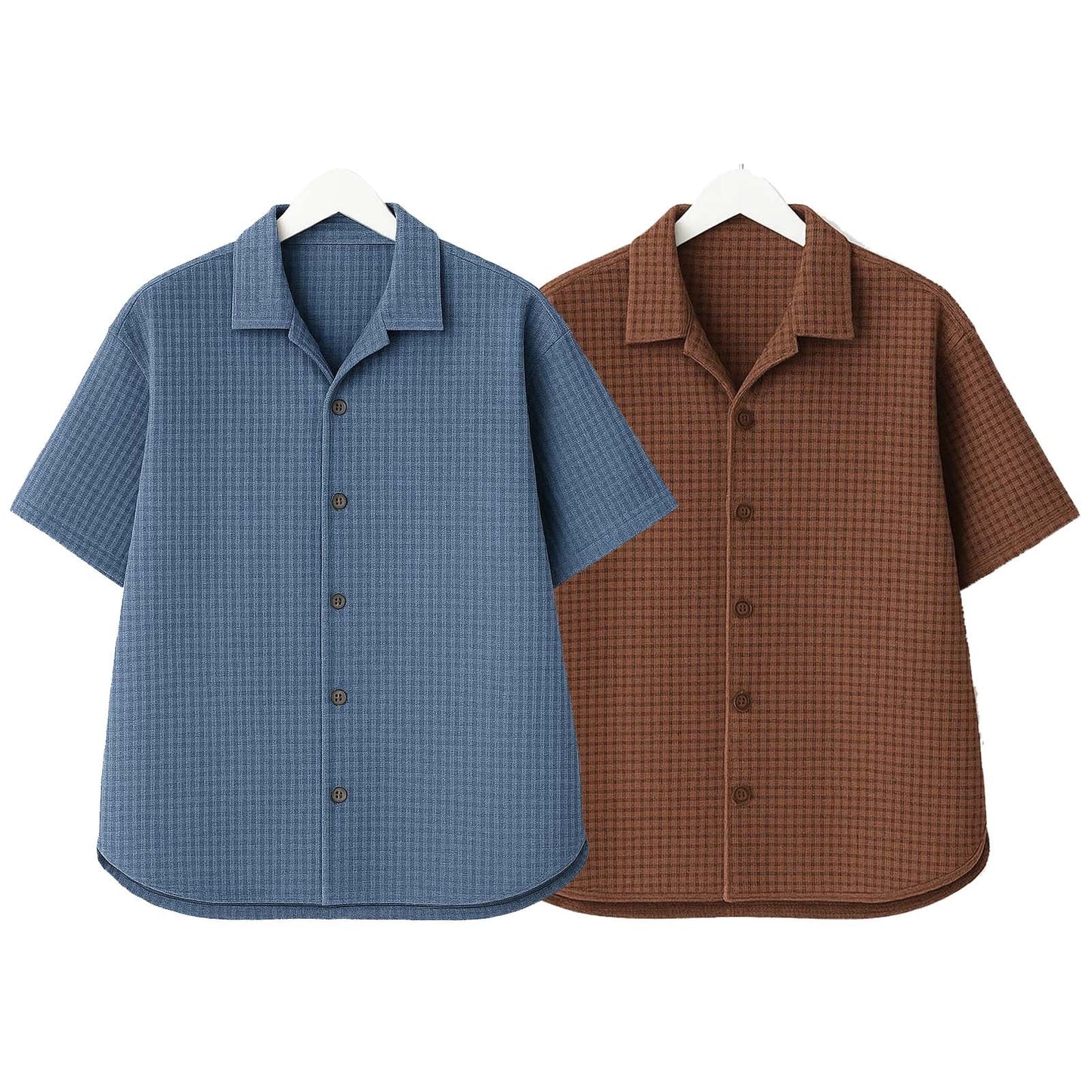 Pack of 2 Waffle Knit Cuban Collar Shirts – Steel Blue & Brown
