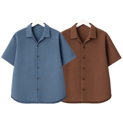 Pack of 2 Waffle Knit Cuban Collar Shirts – Steel Blue & Brown