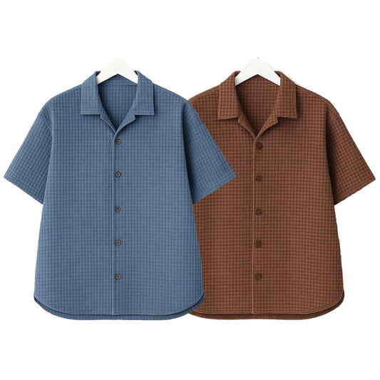 Pack of 2 Waffle Knit Cuban Collar Shirts – Steel Blue & Brown