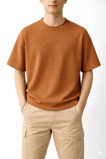 Oversized Waffle Knit Half Sleeve Tee – Navy & Camel