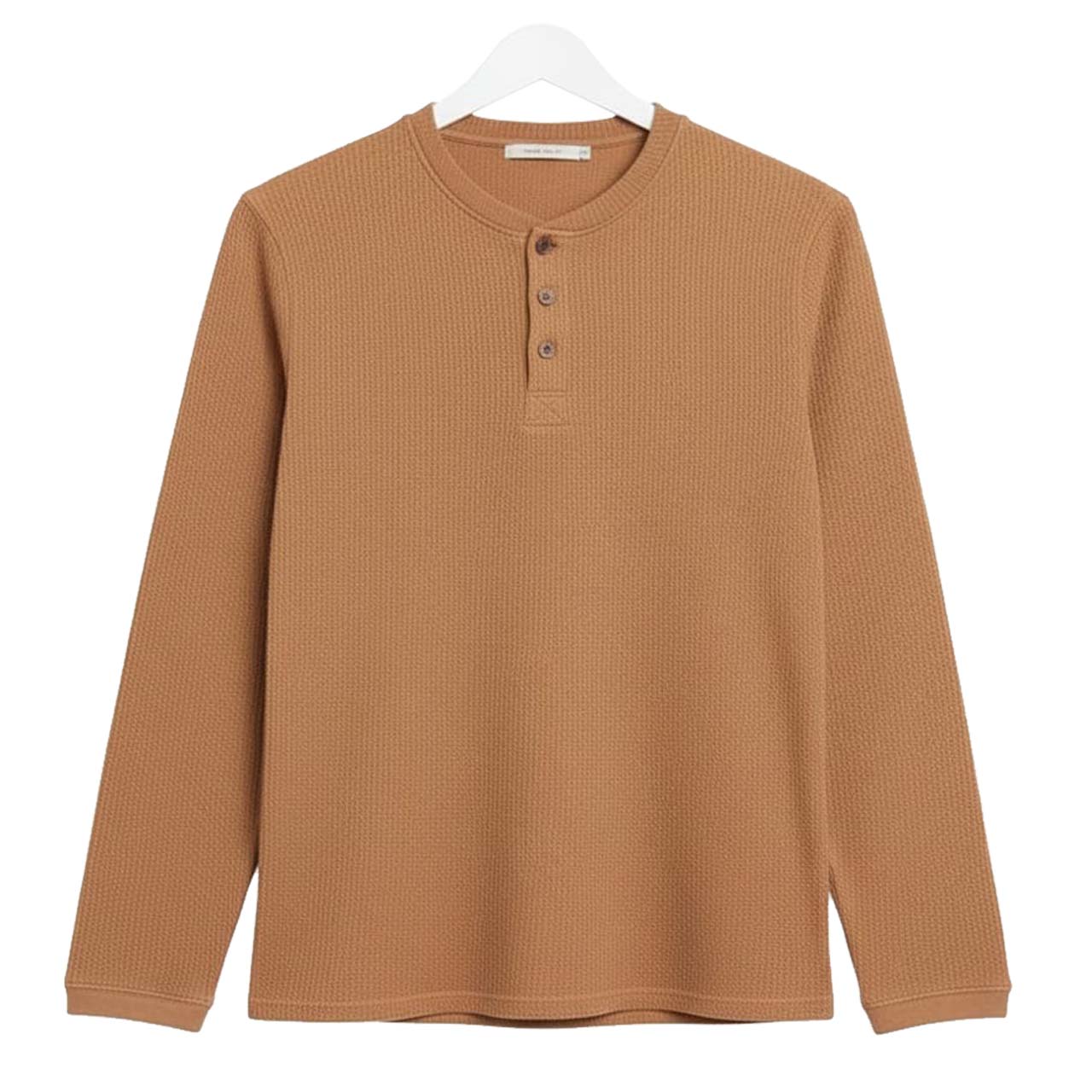 Oversized Waffle Knit Henley Long Sleeve T-Shirt | Camel