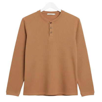 Oversized Waffle Knit Henley Long Sleeve T-Shirt | Camel