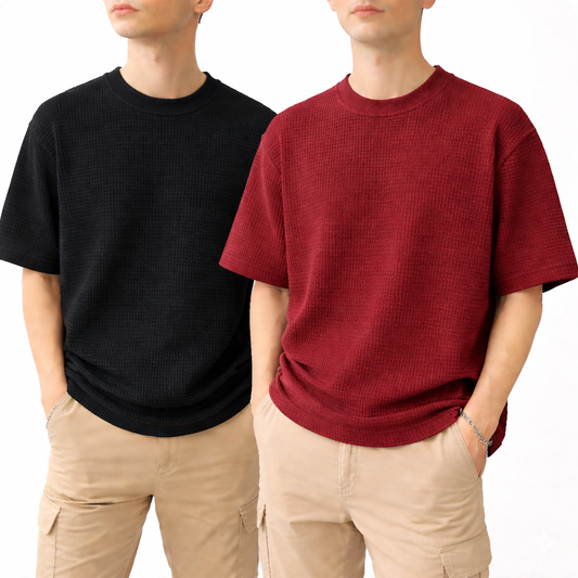 Oversized Waffle Knit Half Sleeve Tee – Black & Maroon