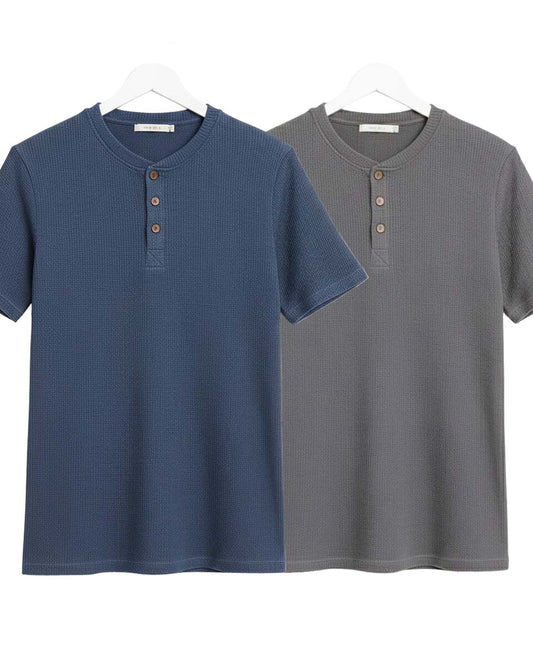 Pack of 2 Waffle Henley T-Shirts – Navy Blue & Grey