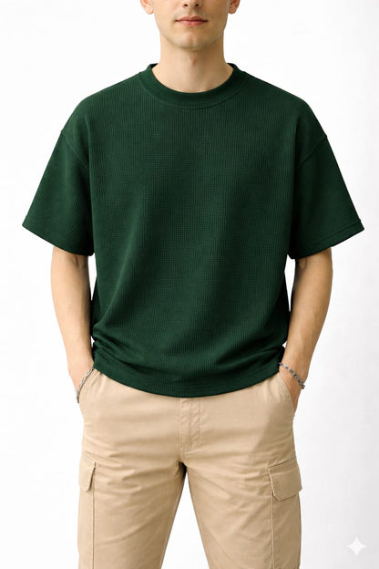 Oversized Waffle Knit Half Sleeve Tee – Maroon & Green
