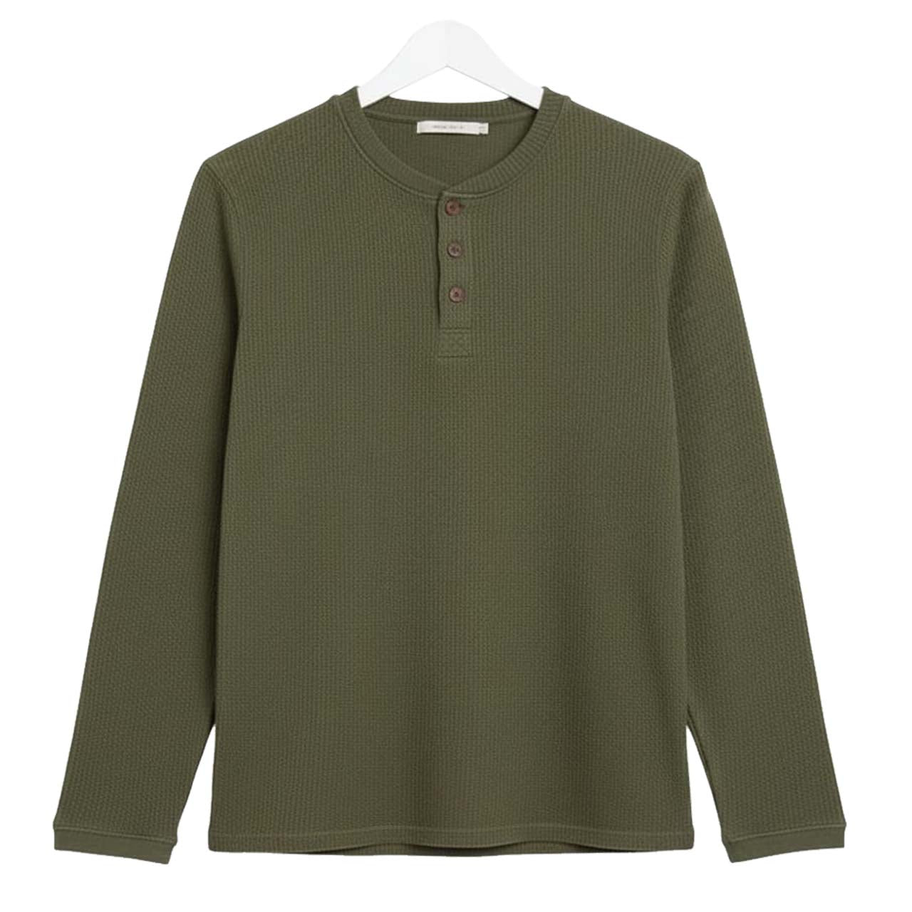 Oversized Waffle Knit Henley Long Sleeve T-Shirt | Green