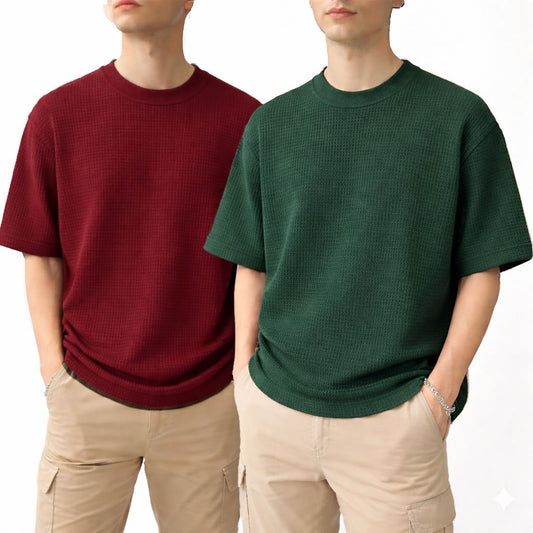 Oversized Waffle Knit Half Sleeve Tee – Maroon & Green