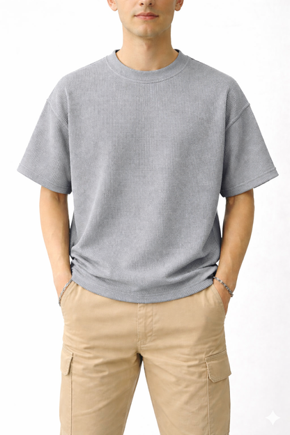 Oversized Waffle Knit Half Sleeve Tee – Black & Grey
