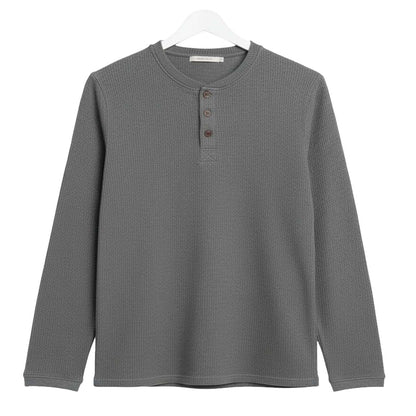 Oversized Waffle Knit Henley Long Sleeve T-Shirt | Grey