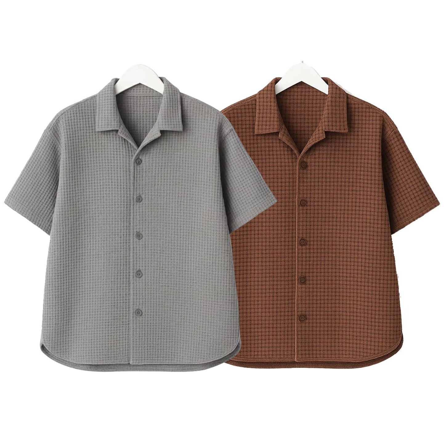 Pack of 2 Waffle Knit Cuban Collar Shirts – Hazel Grey & Brown
