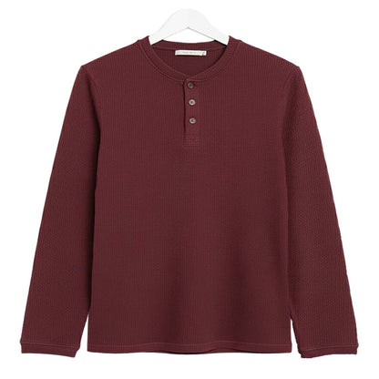 Oversized Waffle Knit Henley Long Sleeve T-Shirt | Maroon
