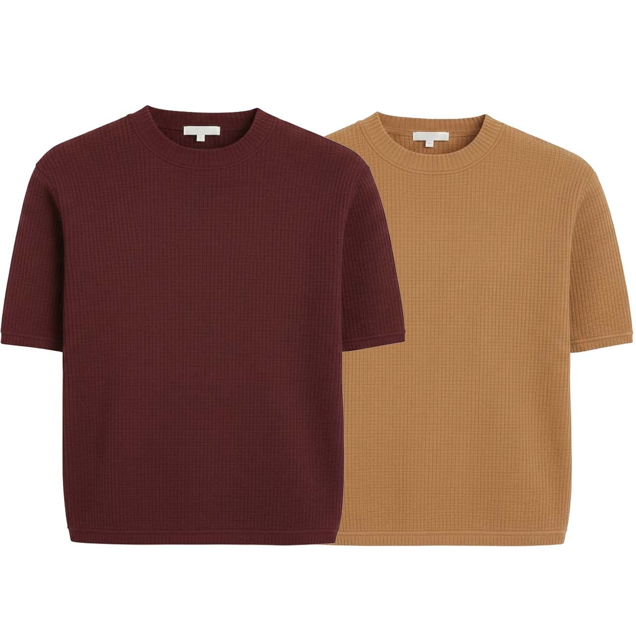 Oversized Waffle Knit Half Sleeve Tee – Maroon & Camel