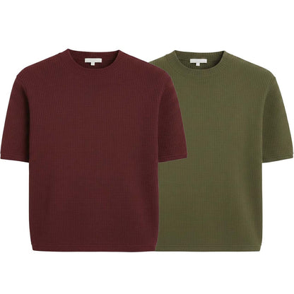 Oversized Waffle Knit Half Sleeve Tee – Maroon & Green
