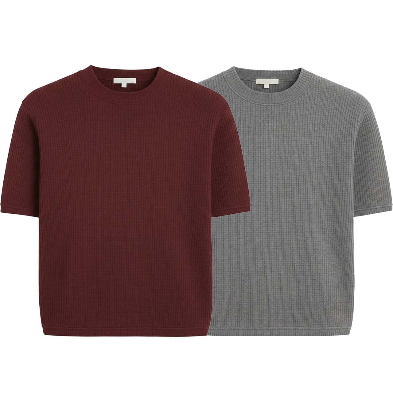 Oversized Waffle Knit Half Sleeve Tee – Maroon & Grey