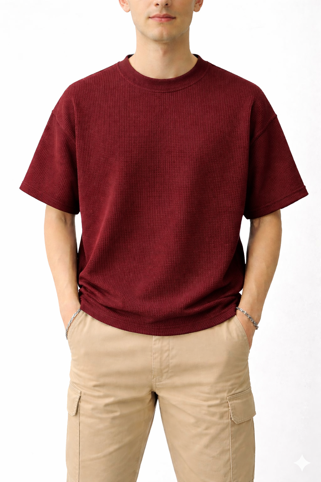 Oversized Waffle Knit Half Sleeve Tee – Maroon & Grey