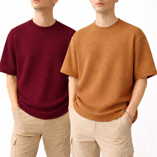 Oversized Waffle Knit Half Sleeve Tee – Maroon & Camel