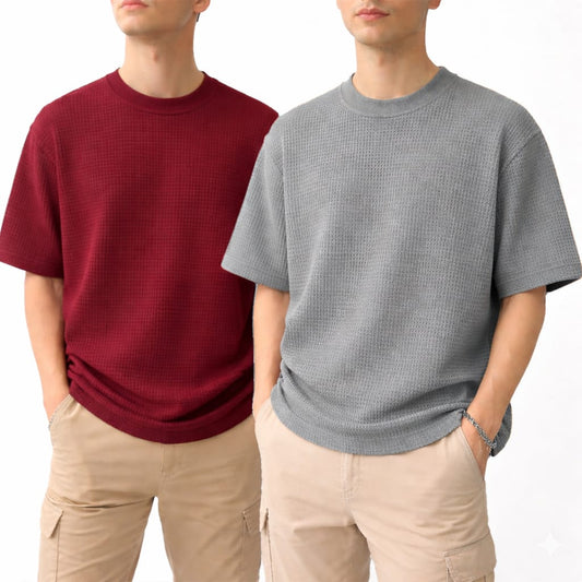 Oversized Waffle Knit Half Sleeve Tee – Maroon & Grey