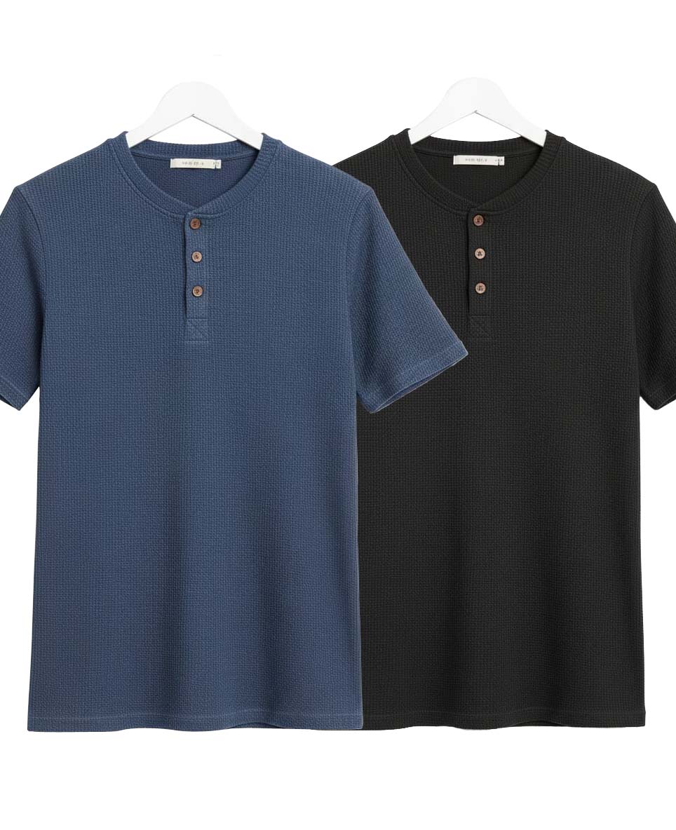 Pack of 2 Waffle Henley T-Shirts – Navy Blue & Black
