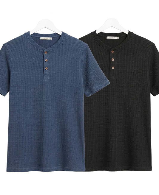 Pack of 2 Waffle Henley T-Shirts – Navy Blue & Black