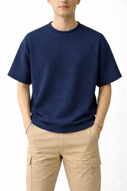 Oversized Waffle Knit Half Sleeve Tee – Navy & Camel