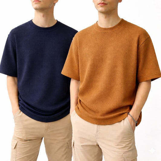 Oversized Waffle Knit Half Sleeve Tee – Navy & Camel