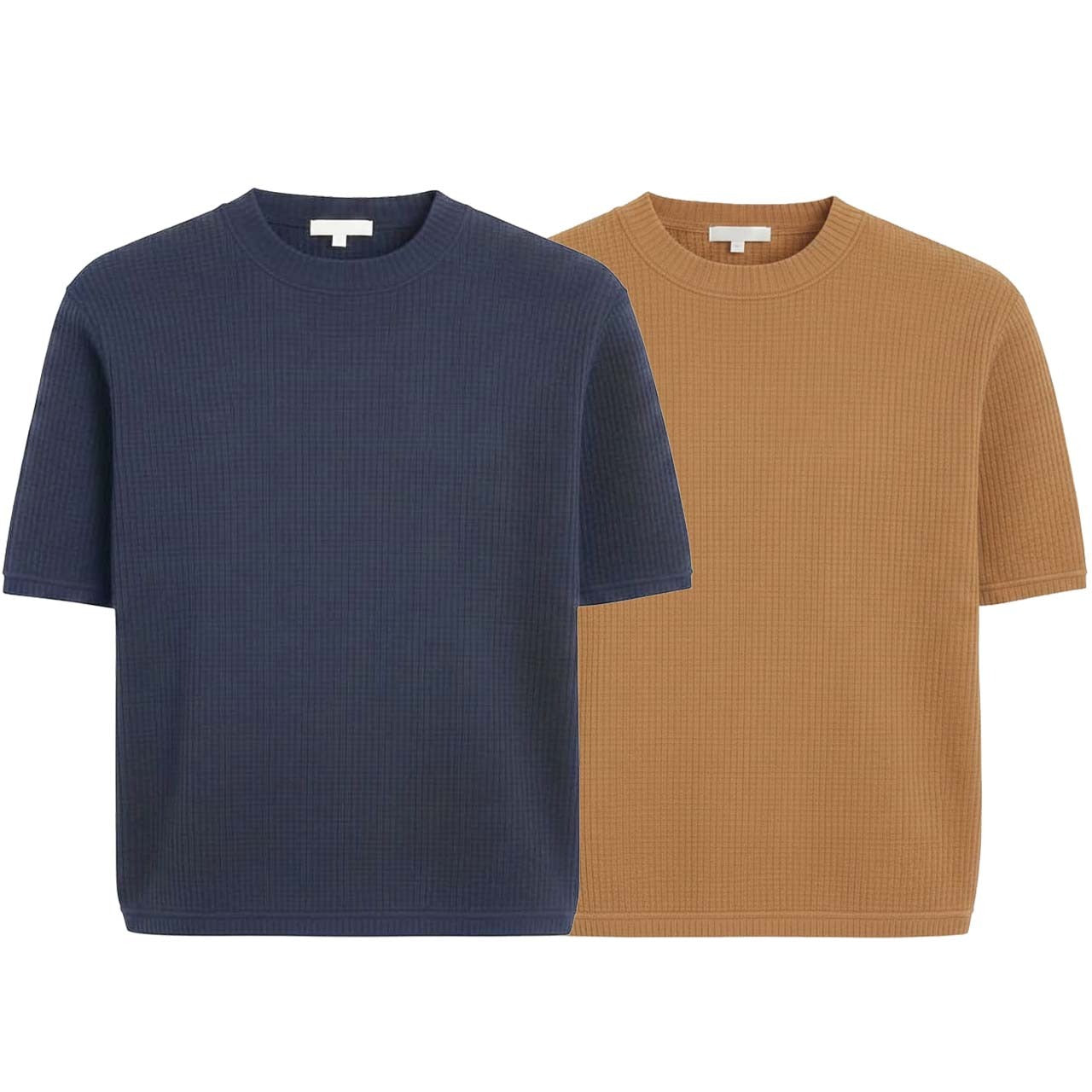 Oversized Waffle Knit Half Sleeve Tee – Navy & Camel