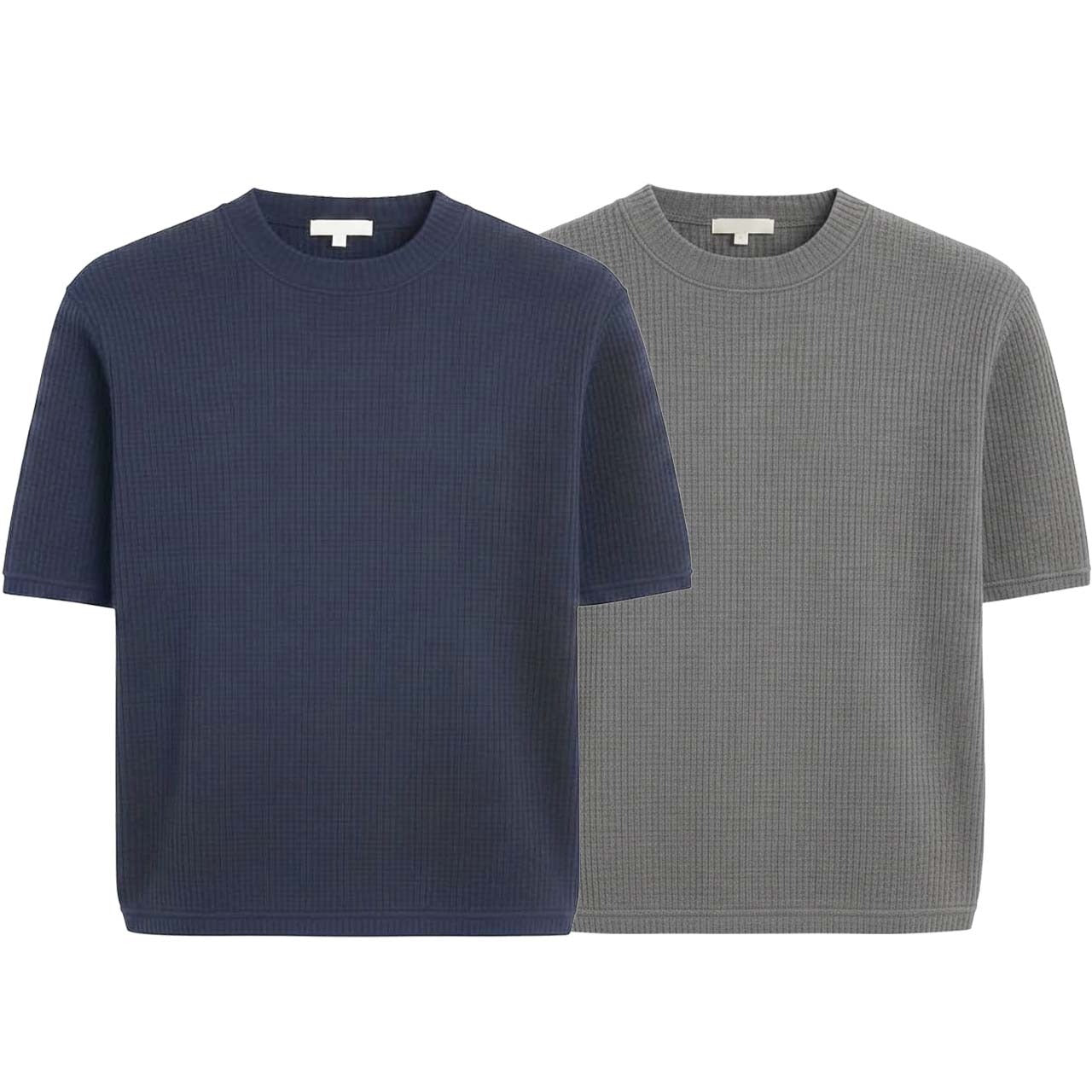 Oversized Waffle Knit Half Sleeve Tee – Navy & Grey