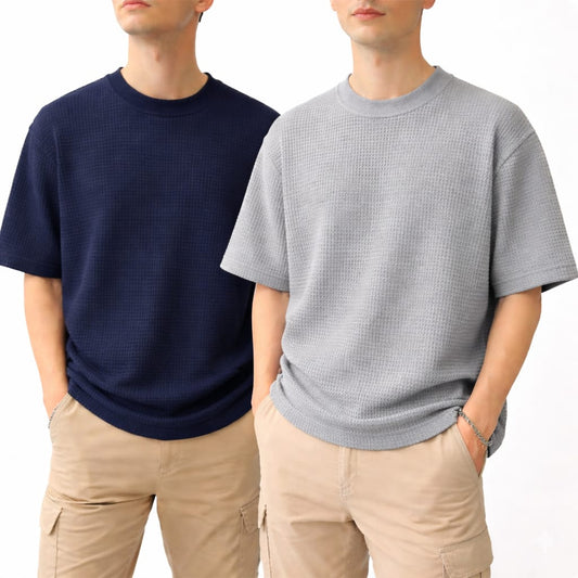 Oversized Waffle Knit Half Sleeve Tee – Navy & Grey